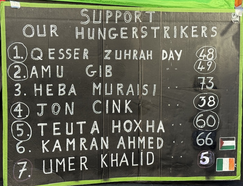 Hunger strikers names on a poster, stating how long since they have eaten