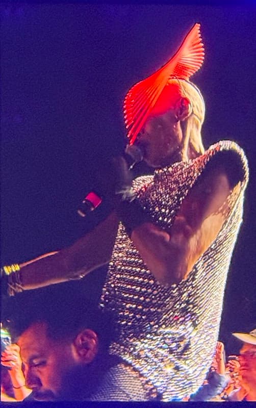 Grace Jones being carried by a security guard, she is singing and wearing a red headgear.