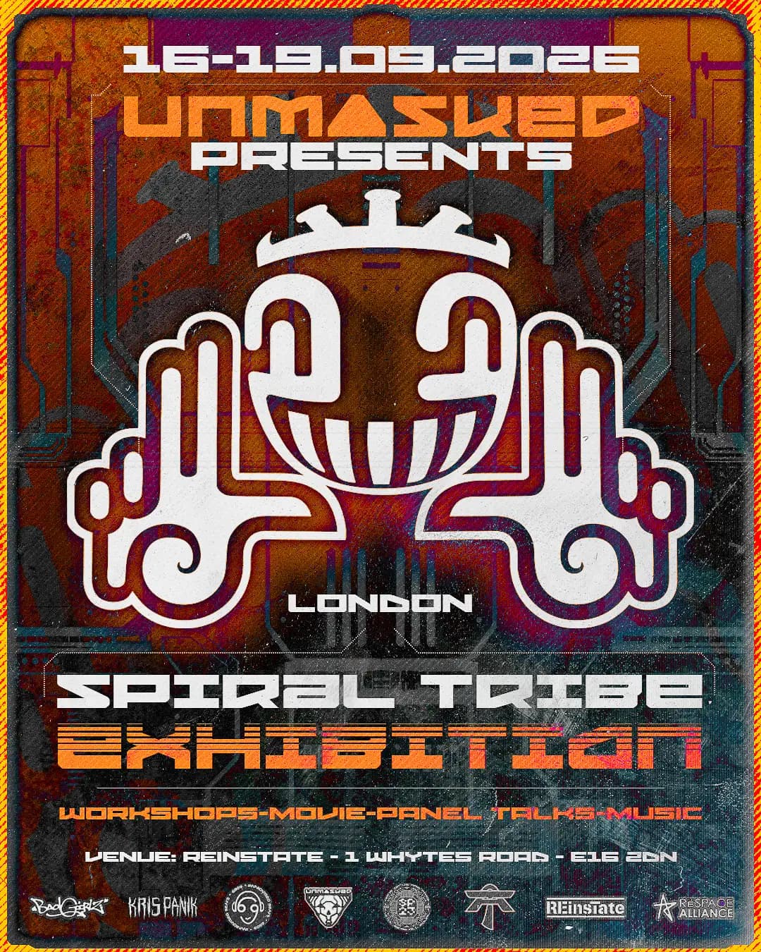 Poster for the Spiral Tribe exhibition in ReInsTate