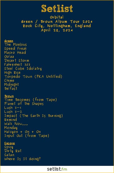 Orbital Setlist Rock City, Nottingham, England, Green / Brown Album Tour 2024