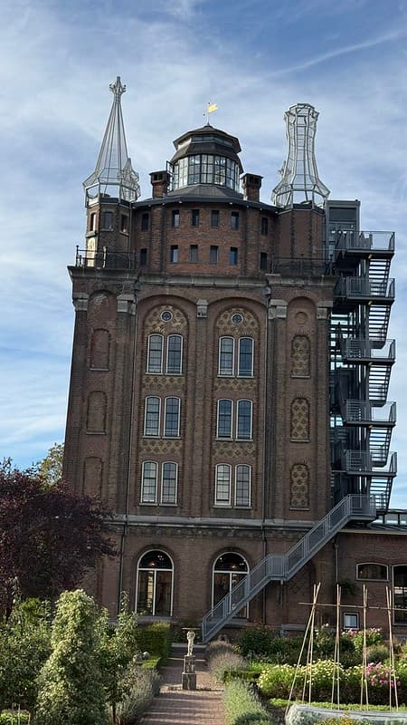 Villa Augustus hotel, an old water tower and at the top is a circle glass room called the lantern which was our room.