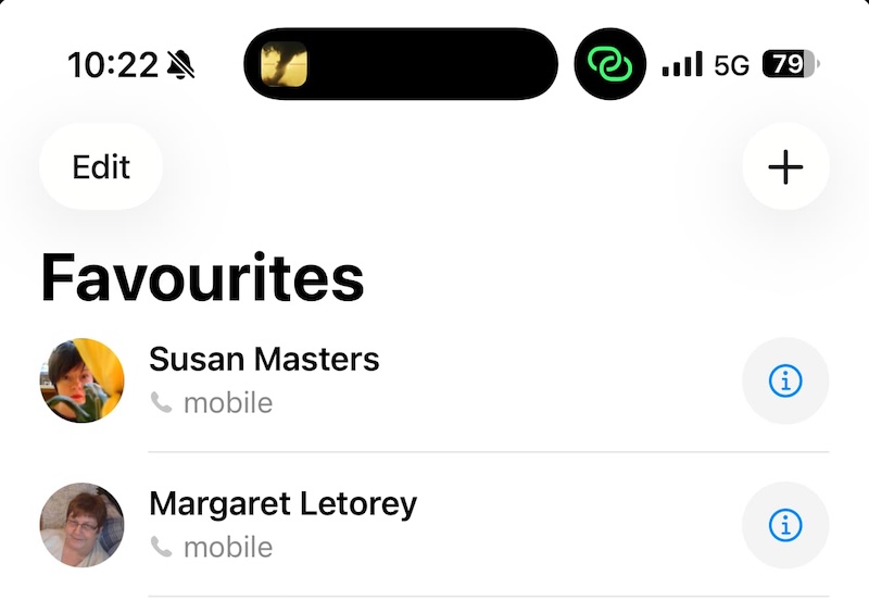 A screenshot of my iPhone's contacts screen, it shows my favourites at the top is Susan followed by my mum