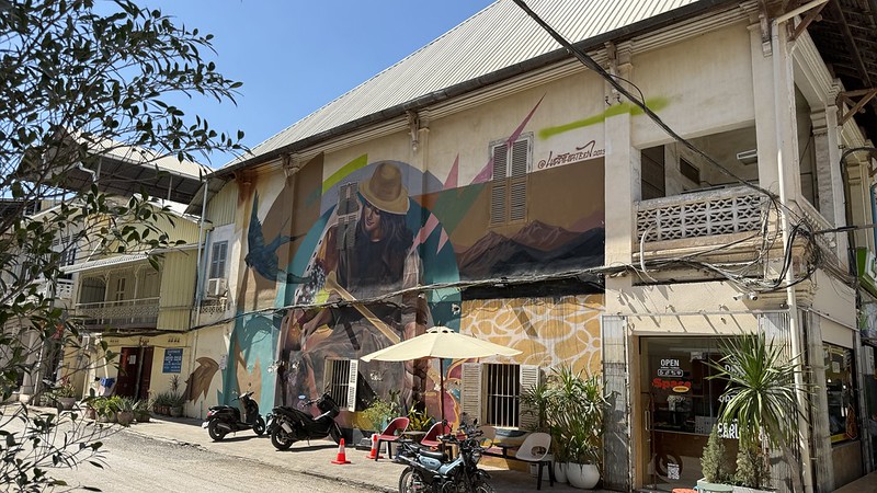 A building with a huge painting of a woman paddling a boat there are also blue swifts flying around, in front of the building are some scooters