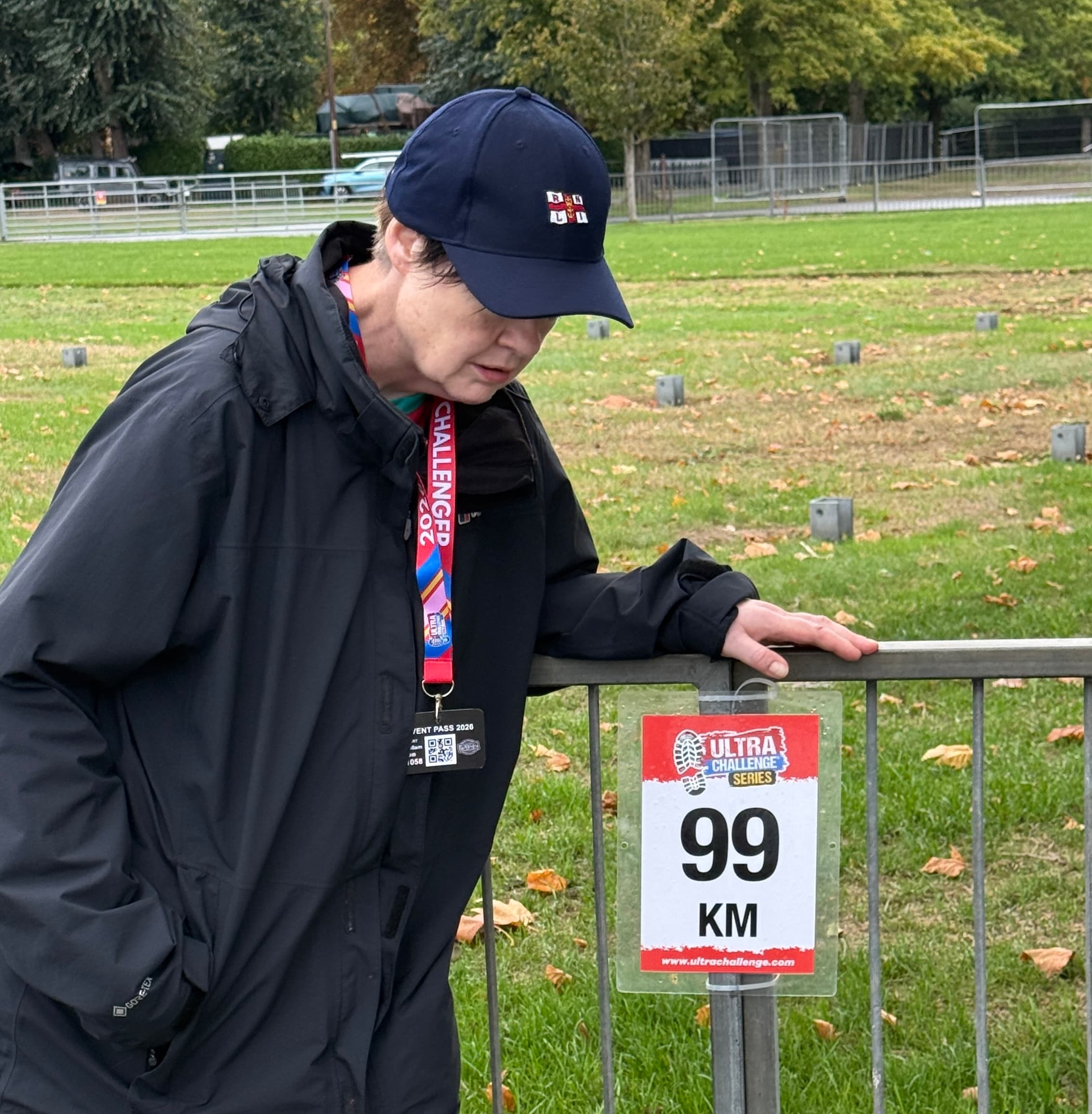 A totally drained Susan at the 99km marker final 1km left to walk
