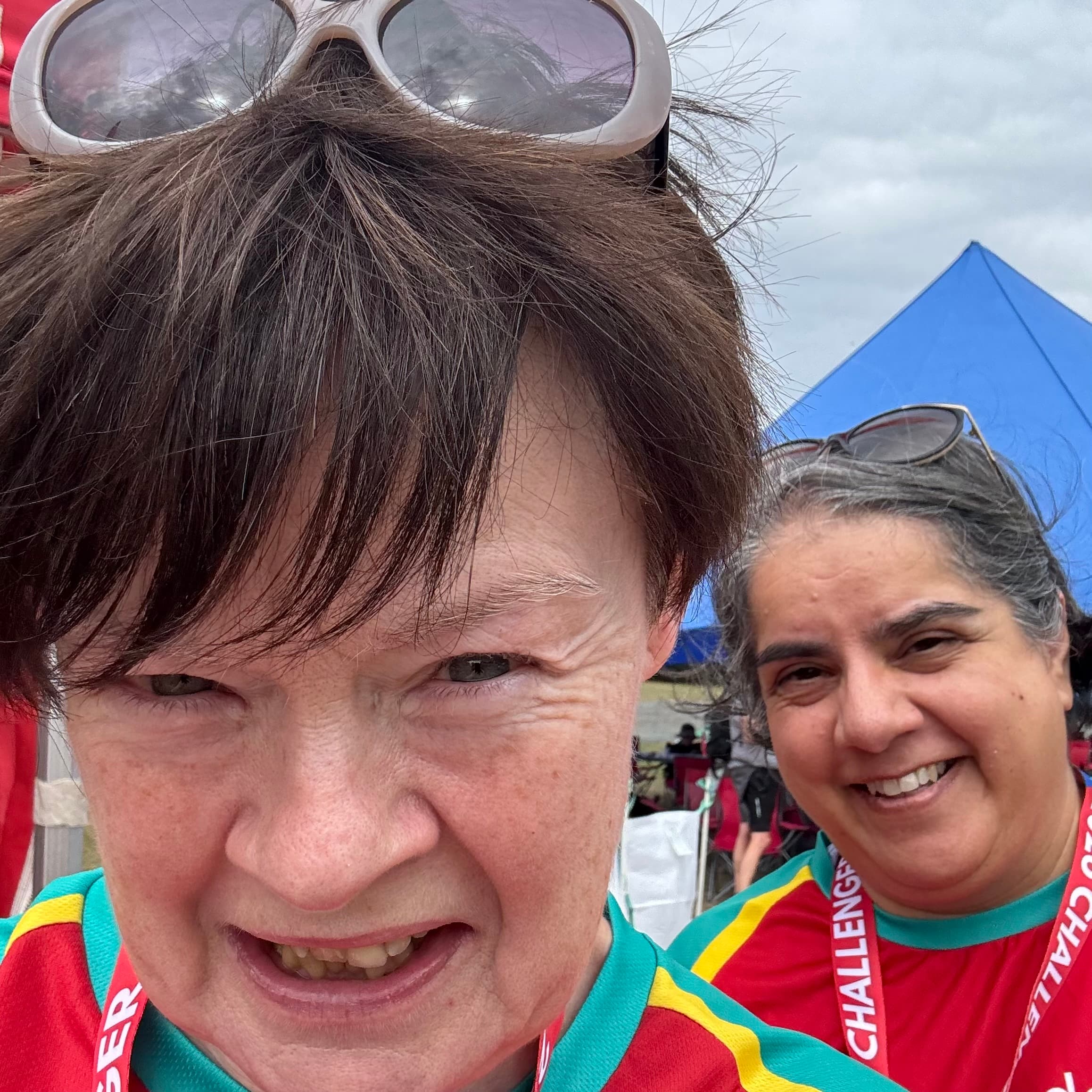 Susan and her friend at Rest Stage 1 of Thames Path Challenge