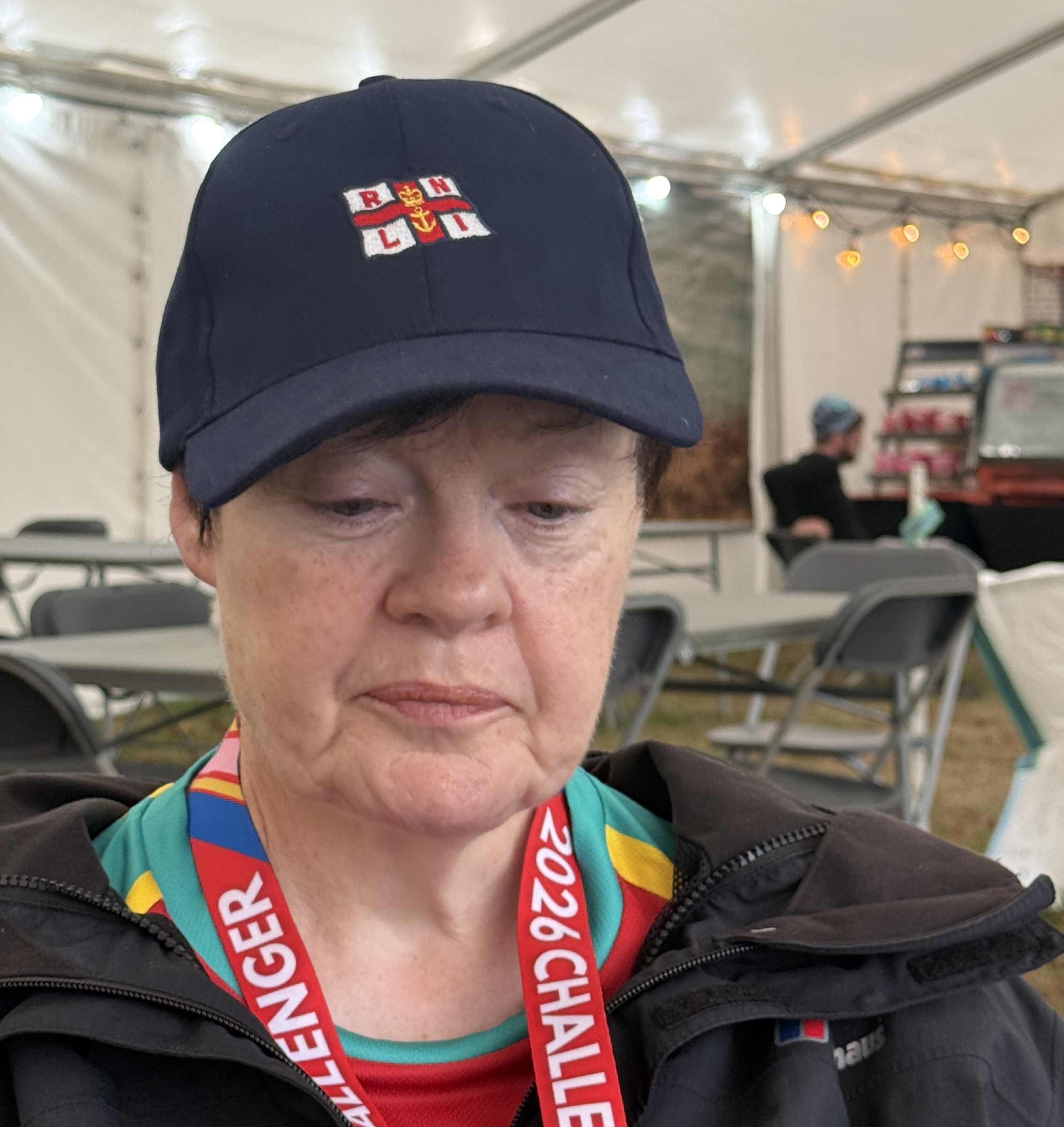 A very tired Susan  at Rest Stage 3 of Thames Path Challenge, still 22.5km left to walk