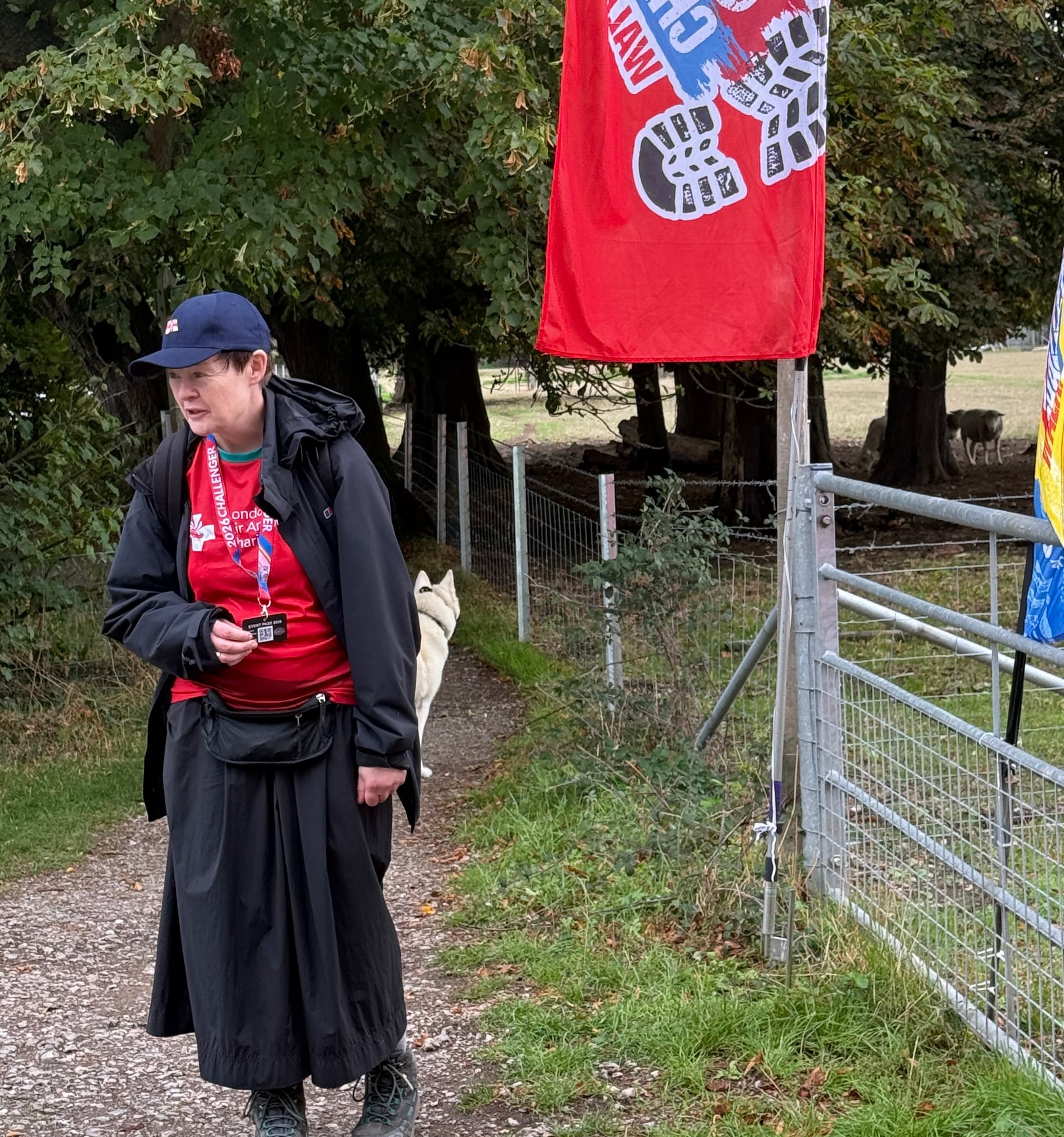 A very tired Susan arriving at Rest Stage 7, the final rest stage of Thames Path Challenge, still 11.5km left to walk
