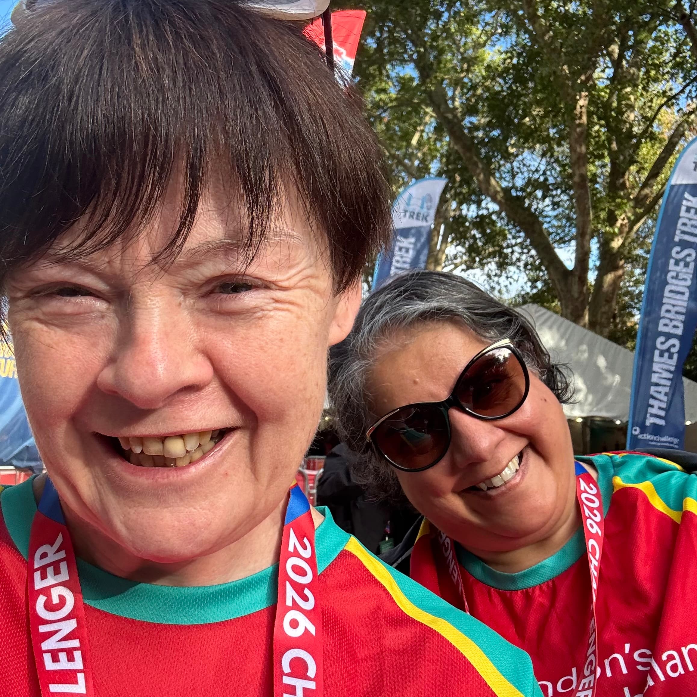 Susan and her friend at the Start of Thames Path Challenge