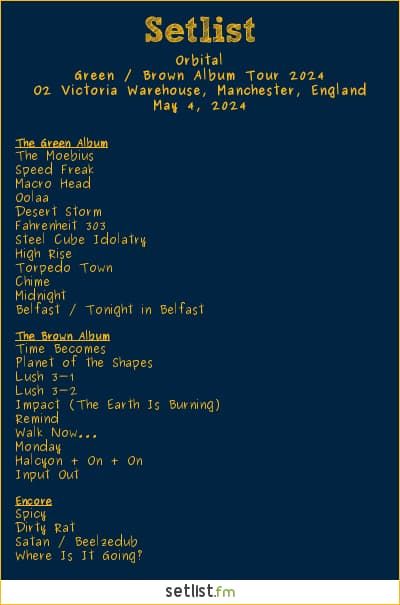 Orbital Setlist O2 Victoria Warehouse, Manchester, England, Green / Brown Album Tour 2024